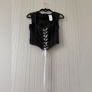 Black Lace-Up Corset Crop Top with White Contrast Stitching